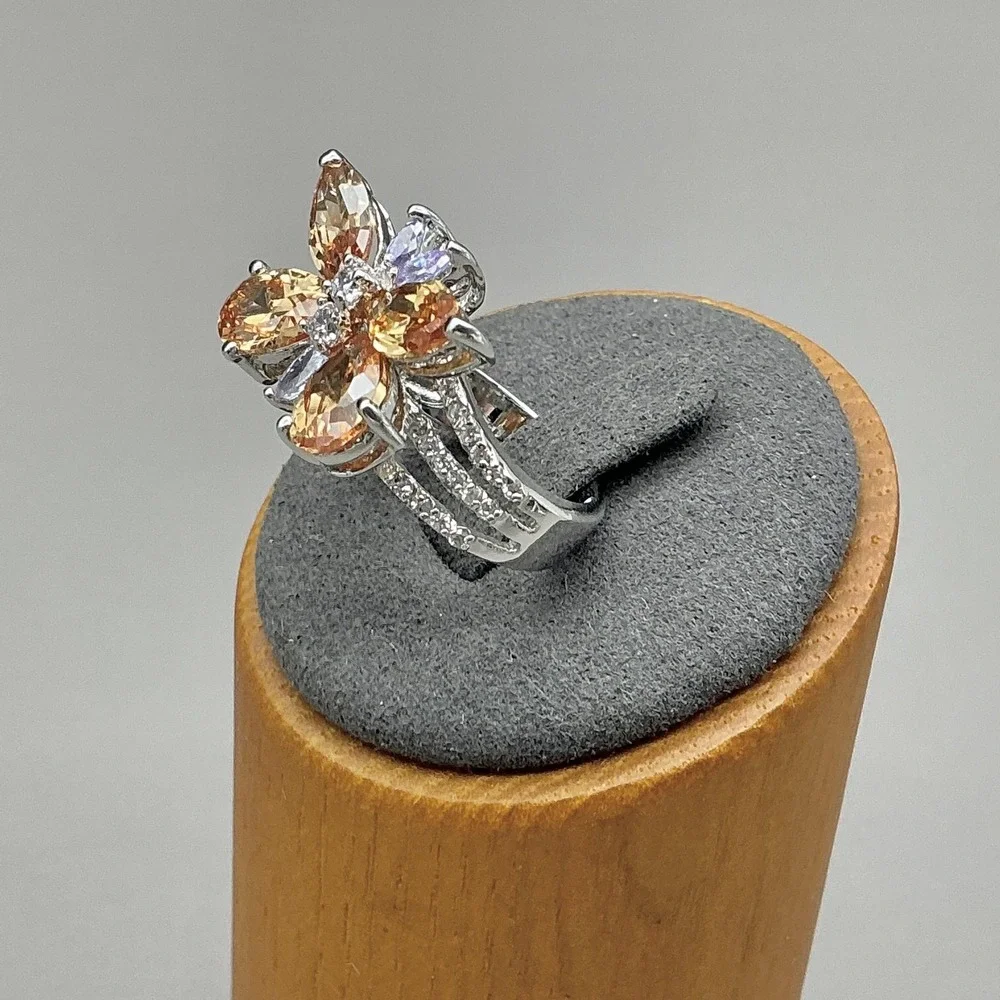 Ring Size 10 Silver Tone Yellow Champagne Butterfly Crystal Cocktail Womens